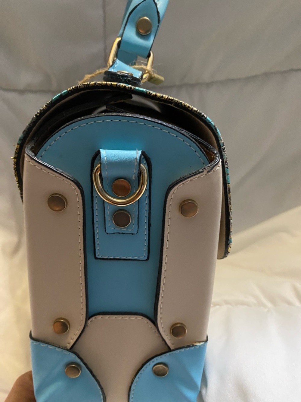 Cream and Turquoise Top-Handle Satchel with Patterned Flap - Picture 5 of 13